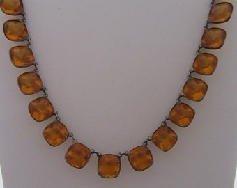 Vintage 1930s Amber Glass Faceted Cushion Cut Necklace