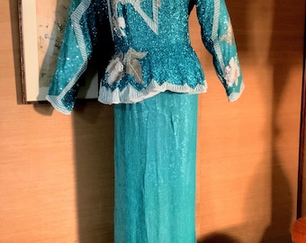 Vintage 1980s Lillie Rubin Beaded Sequin Two Piece Dress Set, Turquoise Formal Gown
