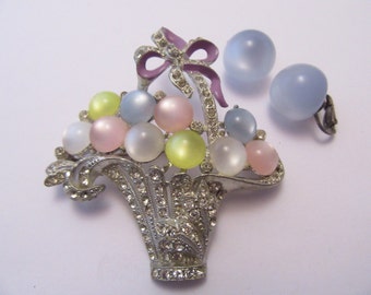 Brooch with Basket of Pastel colored Bubbles and Earrings