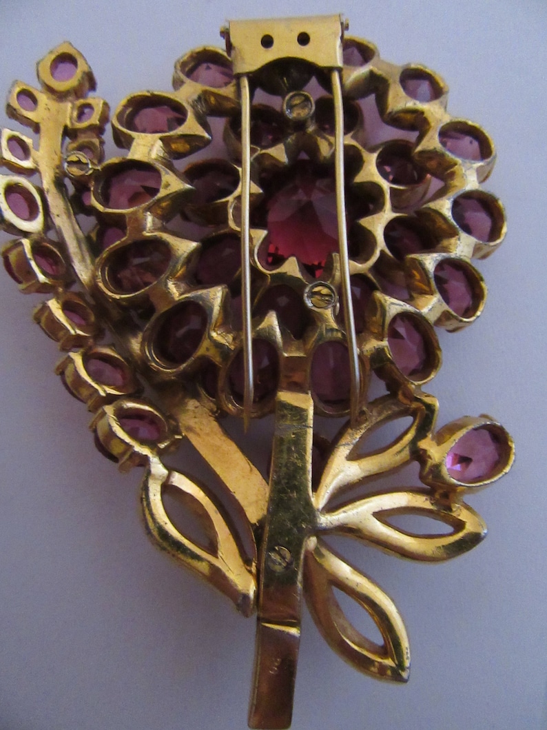 Large Hot Pink Crystal Flower Pin Vintage 1940s