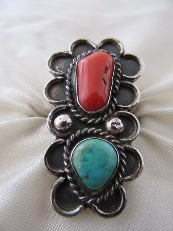 1970s Silver, Coral, and Turquoise Ring