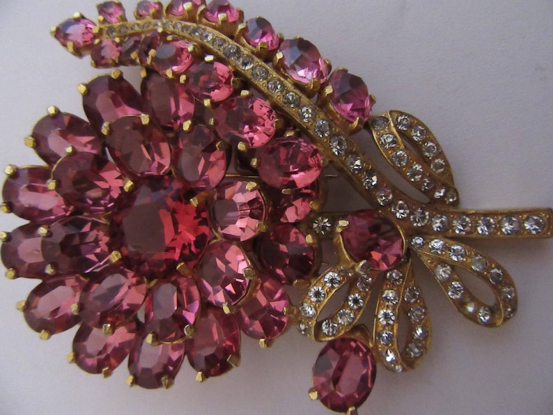 Large Hot Pink Crystal Flower Pin Vintage 1940s
