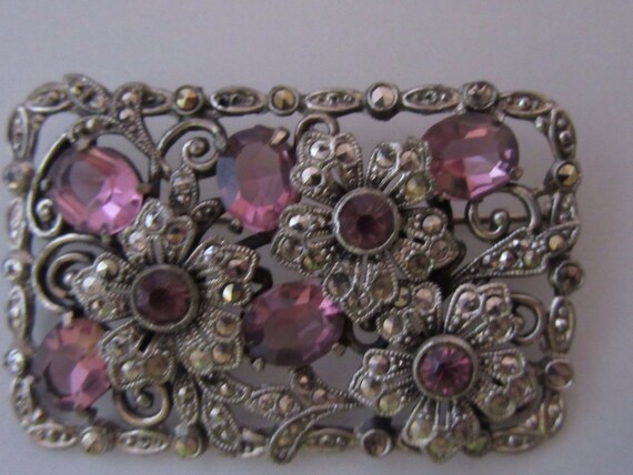 1940s Purple Glass and Marcasite Brooch