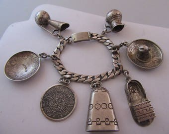 Sterling Extra Large Vintage Mexican Charm Bracelet