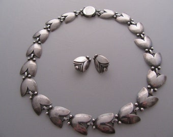 Vintage 1940'S Georg Jensen Sterling Silver No. 66 Necklace and Earrings Set