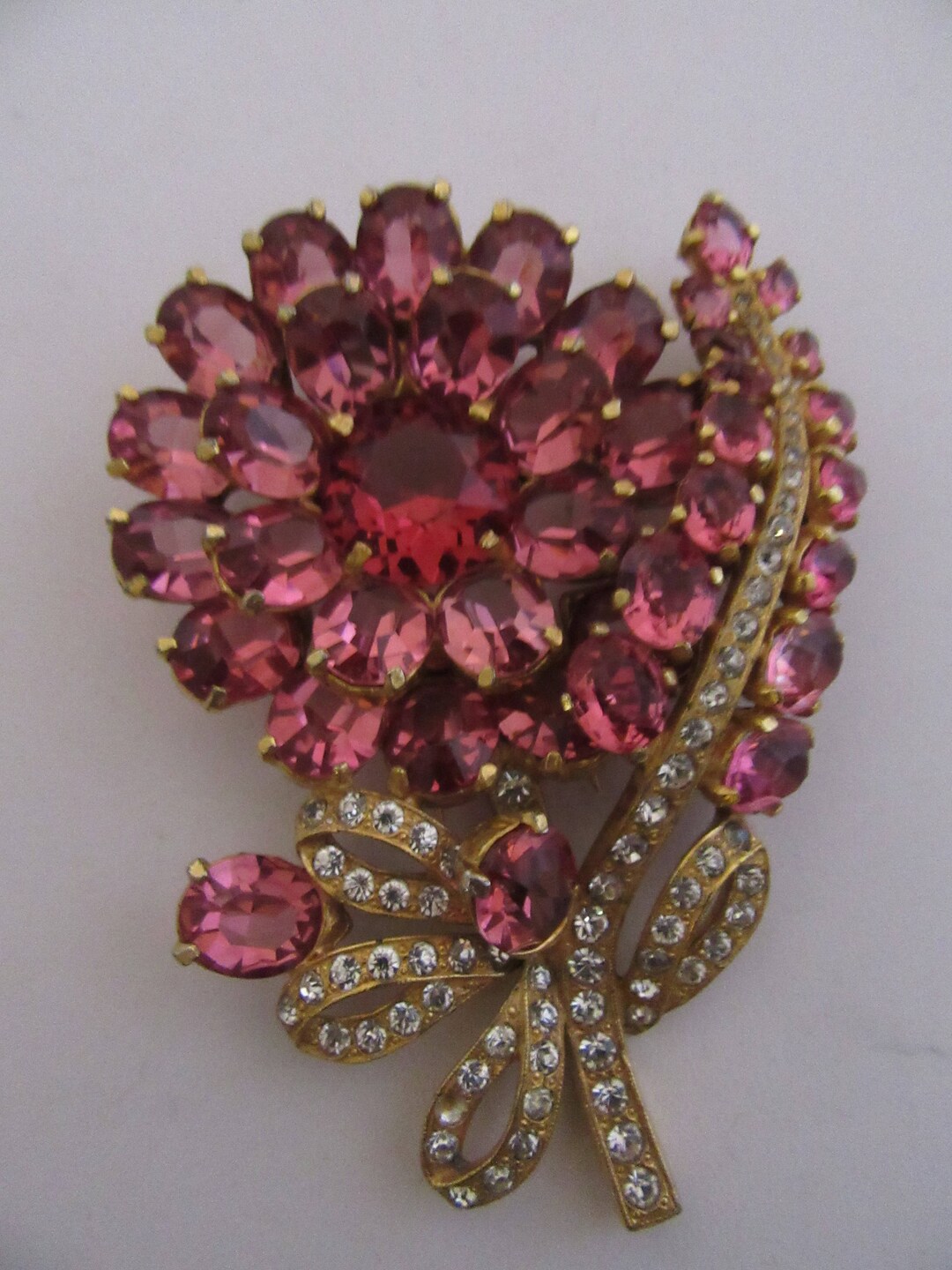 Large 1940s Pink Crystal Flower Pin - Etsy