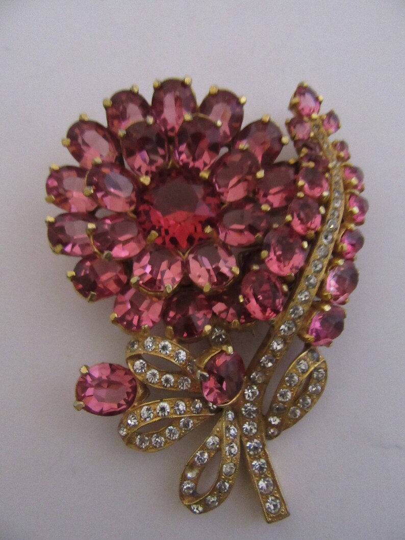 Large Hot Pink Crystal Flower Pin Vintage 1940s