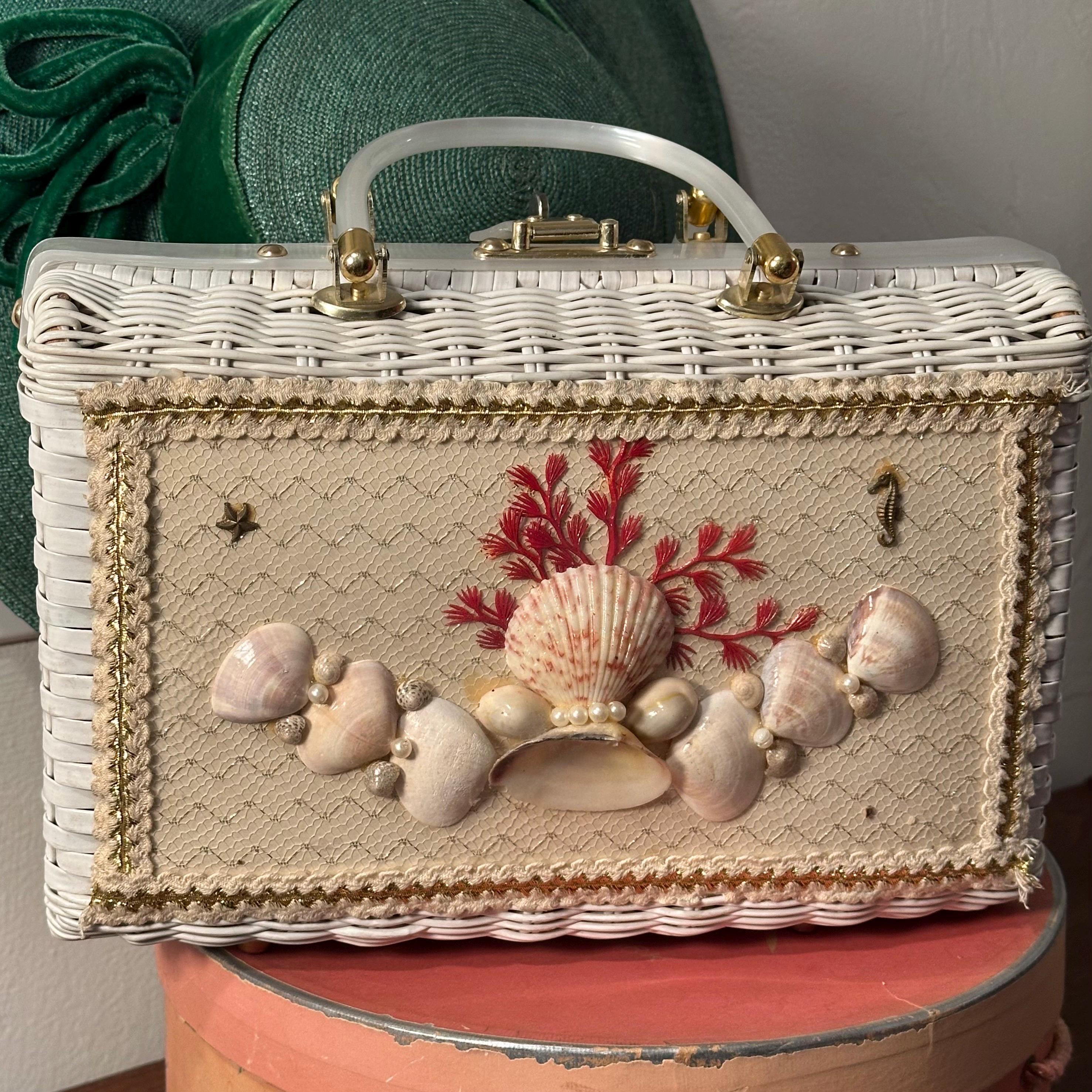 Vintage 50\'s faux wicker sea shell mermaid bag Vintage Seashell Handbag: Faux Wicker, Pearls & Lucite - by  main image 3