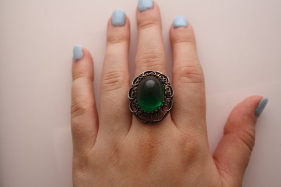 Green Glass and Sterling Ring - image 2