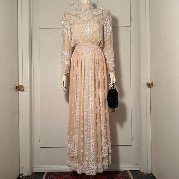 Black Tie by HE-RO Industries Vintage Peach Silk Chiffon White Beaded Dress