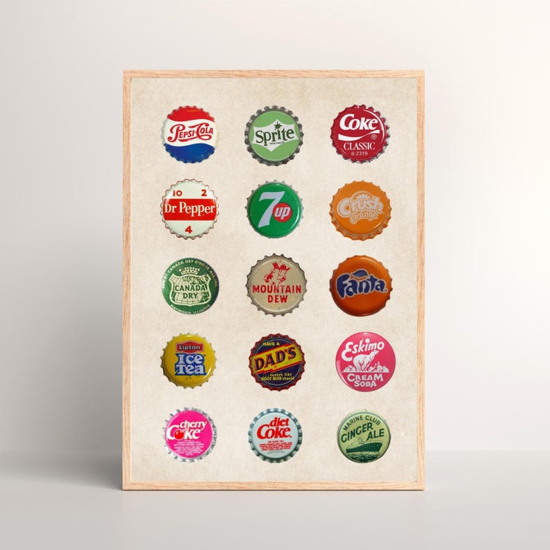 retro soda bottle cap digital print| vintage bottle cap art| Pepsi Coke Diet Coke sprite art| soda lover gift| bar decor art.