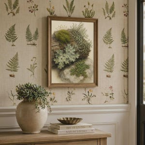 May include: A framed botanical print depicting moss and lichen on a textured log and stone, displayed above a beige ceramic vase filled with succulents and a stack of two books titled Art of Living and Nature's Echo on a wooden surface.