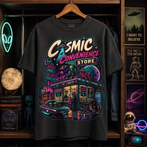 Op de afbeelding: Een antracietgrijs t-shirt met een kleurrijke grafische print van een Cosmic Convenience Store. Het ontwerp toont aliens, een vliegende schotel, een woestijnlandschap en diverse winkelborden met de tekst Cosmic Convenience Store.
