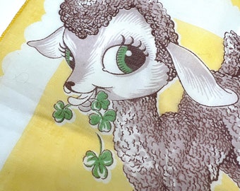 Adorable 1950s child’s handkerchief Big Eyed Anthropomorphic Lamb with clover
