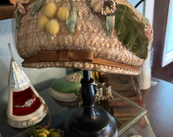 Vintage straw hat with millinery flowers and tulle overlay by Ellen Jane
