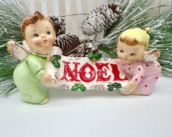 Lefton Baby Angels holding NOEL banner