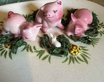 Precious piggies and bunny ceramic handmade platter
