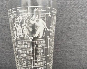 Vintage Federal glass cocktail shaker cup with recipes and measurements
