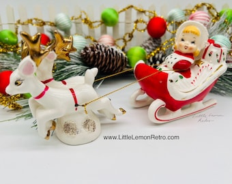 1950s Relco sleigh girl with two white/gold reindeer