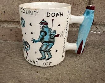1950s child’s whistle mug *Outer  Space * Rocket * Spaceman * Robot