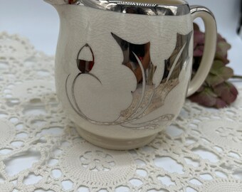 Antique Sandland Ware silver lusterware creamer pitcher Staffordshire England beautiful crazing acorn and leaf pattern