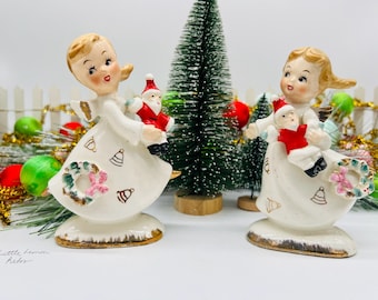 Shafford HTF angel girls in nightgowns with Santa dolls 6”