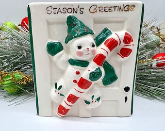 1950s Ucagco planter/candle holder with cute snowman and giant candy cane