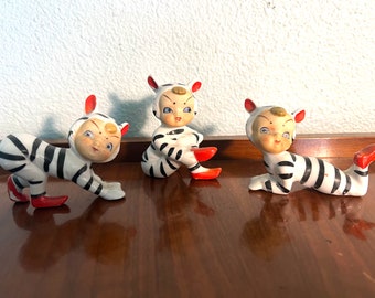 Devious Kitschy Japanese Pixies in Zebra Striped Pajamas 1950s Figurines