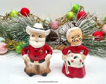 1950s cowboy sheriff Santa and Mrs. Claus vintage western-themed salt and pepper shakers Wild West