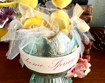 Welcome Spring foiled covered egg with spring head chicks and velvet flowers and tulle