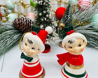 Whimsical Lefton caroling Christmas boy bells, set of 2