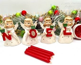 Holt Howard NOEL angel candle holders white robes with gold stars original red candles