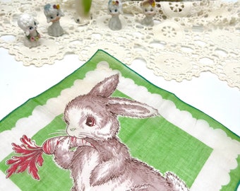 Adorable 1950s child’s handkerchief anthropomorphic bunny enjoying a carrot