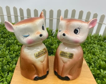 Adorable pair of large winking deer salt pepper shakers noise box on base