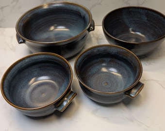 Signed B. Long Studio Pottery Blue Gray 5pc Set Hand Thrown Soup & Serving Bowls
