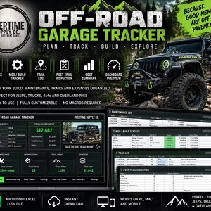 Puede incluir: Una hoja de cálculo digital Off-Road Garage Tracker para registrar el mantenimiento, las modificaciones y los registros de rutas de vehículos. La interfaz muestra información del vehículo, inversiones y calendarios con iconos.