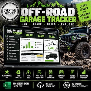 May include: A laptop displaying the My Jeep Garage dashboard, an off-road vehicle tracking spreadsheet. The screen shows total investment, maintenance costs, modification costs, service overview, trail miles, and upcoming maintenance schedules.