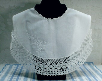 Cotton Bib Collar, Crocheted Edge, White Work Embroidery, Yoke Collar - Adult Size