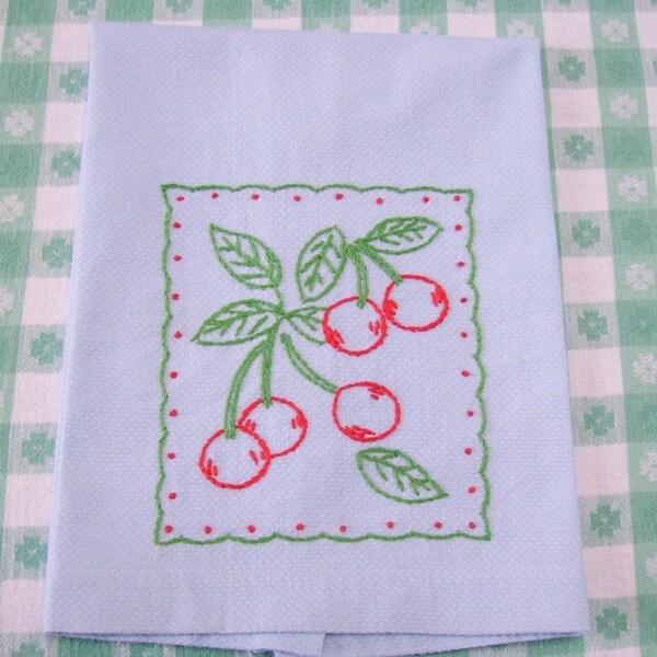 Vintage Cornflower Blue Huck Towel with Hand Embroidered Cherries