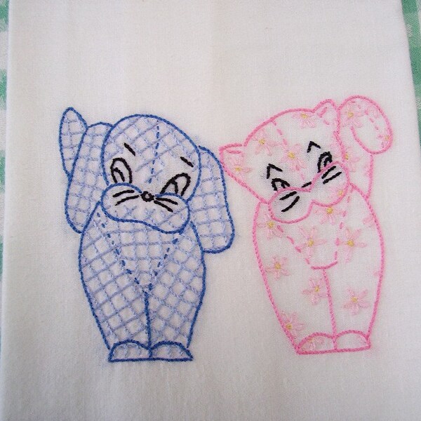 Gingham Dog and Calico Cat-Hand Embroidered Flour Sack Dish Towel