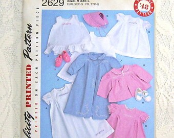 Simplicity 2629 Babies Layette and Bonnet in Sizes XXS-L, English, French, Spanish, Dutch and German