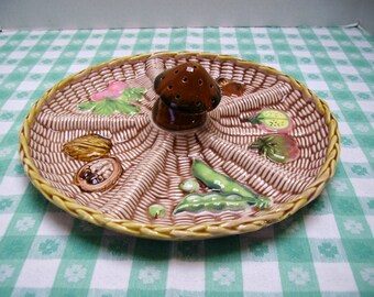 Tidbit Tray with Mushroom Toothpick Holder, Basket Weave, Ceramic, Tilso, Made in Japan, 1960s