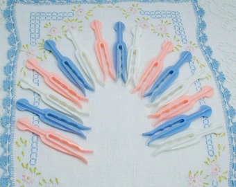 15 Vintage Small Plastic Clothespins, Pink, Blue and White, Baby Shower, Gender Reveal