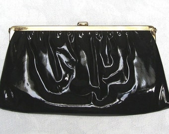 Black Patent Leather Clutch Purse with Hideaway Snake Chain Handle