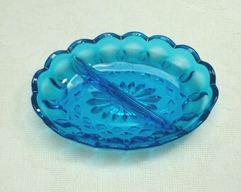 Anchor Hocking Divided Relish Dish, Azure Blue Oval Depression Glass, Divided Candy Dish