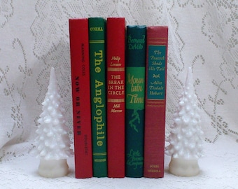 Red and Green Books, Set of 5, Christmas Decor, Vintage Books