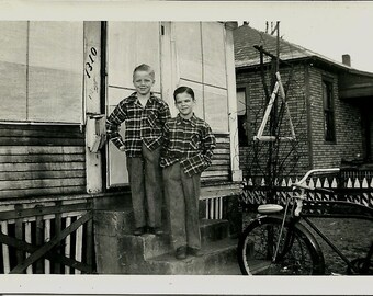 Vintage Photo of Two Boys in Plaid Shirts circa 1940s