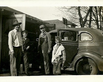 Vintage Photo of Men and Boys and 1930s Ford Humpback Sedan Automobile, April 1948