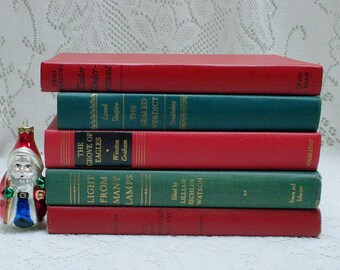 Red and Green Books, Christmas Decor, Set of 5, Vintage Books