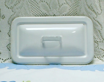 White Rectangular Graniteware Lid, Enamelware, Farmhouse Decor